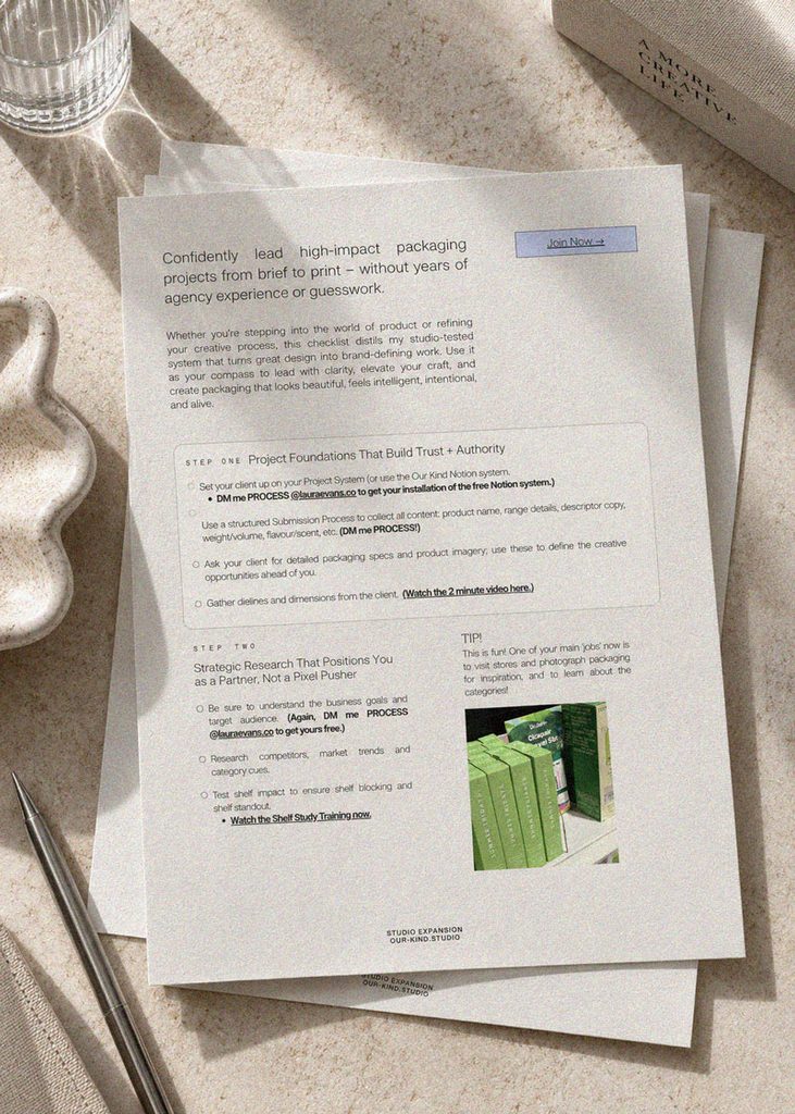 Free five-step packaging design guide for brand designers learning how to take projects from strategy to print.