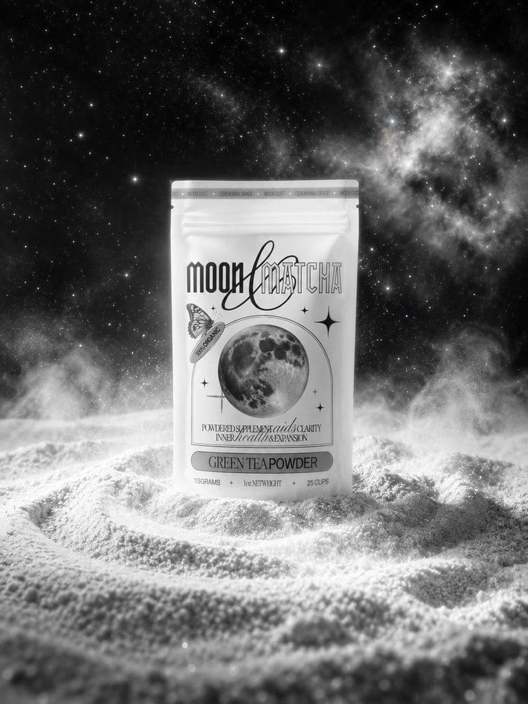 Matcha latte packaging for brand Moon Matcha shown on the surface of the moon with sand texture for a design portfolio case study.
