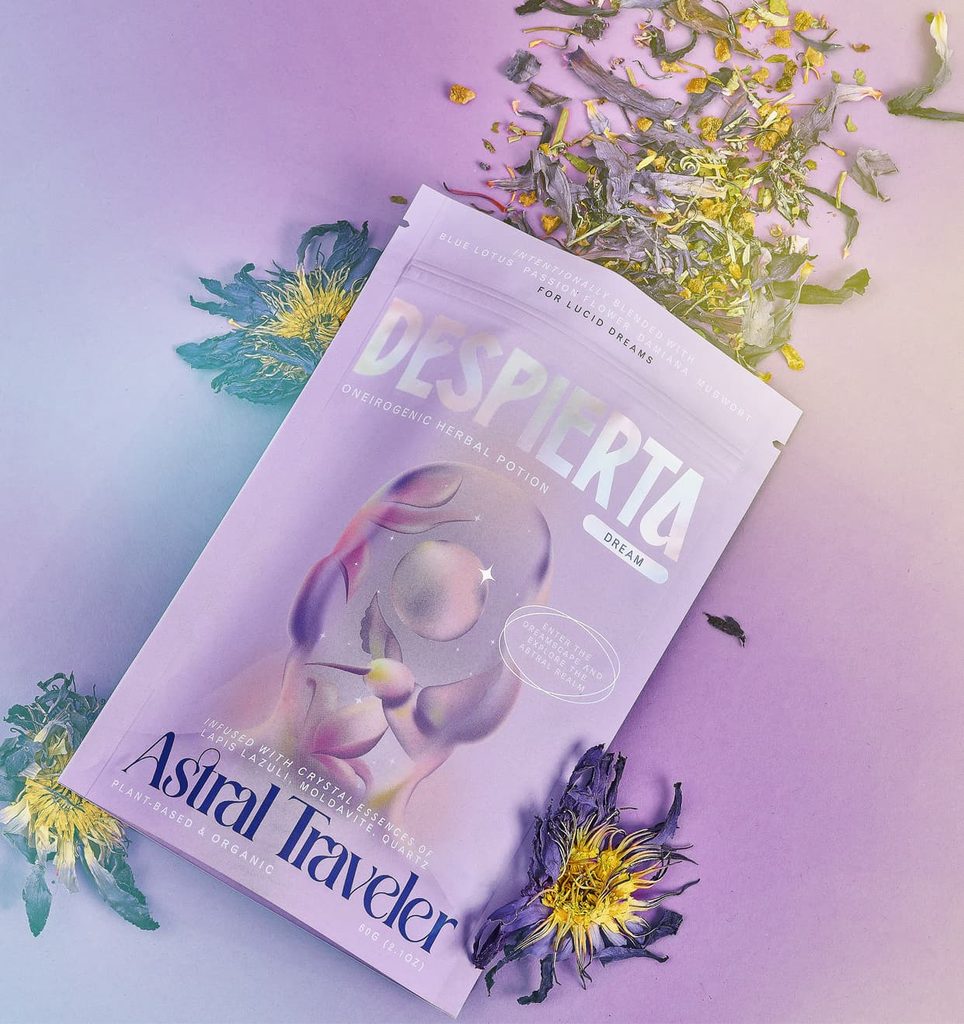Latte pouch packaging design with an astral dream theme featuring celestial and cosmic-inspired graphics.